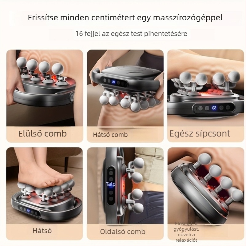 Profi fascia masszírozó 6+ fejjel, szénkefe nélküli motor, több pozíciós beállítás, 5+ sebesség, beépített akkumulátor 1–3 óra, alacsony zaj