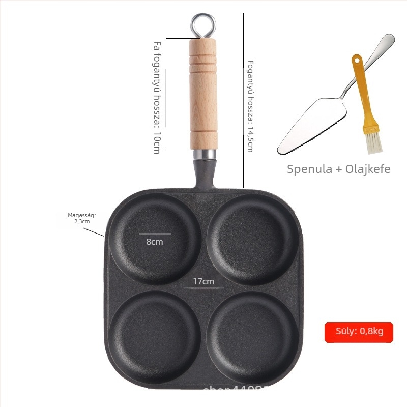Öntöttvas serpenyő négy lyukkal, bevonat nélkül, sík aljzattal, omletthez, palacsintához és tojásburgerhez
