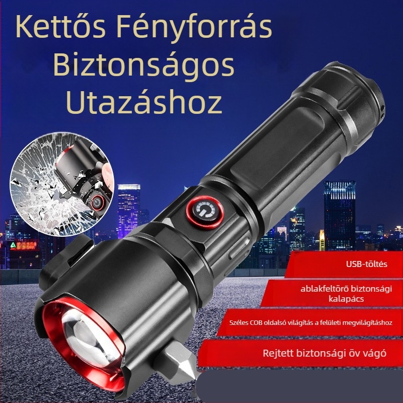 LED zseblámpa vészkijárati kalapáccsal, fehér lézer, 5000mAh akkumulátor, Type-C töltés, COB oldalsó világítás, kettős fényforrás, 500 m+ hatótáv