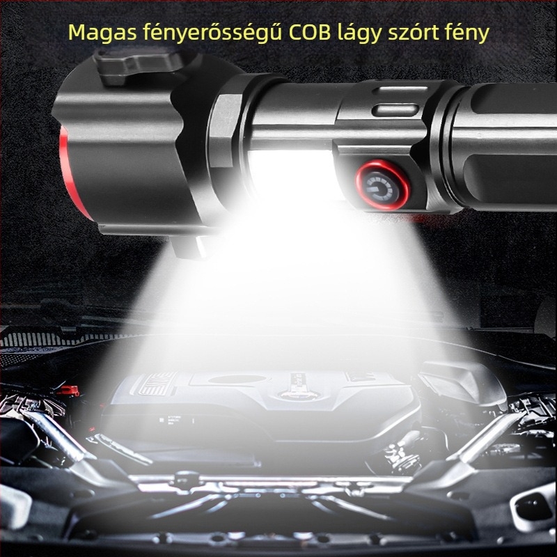 LED zseblámpa vészkijárati kalapáccsal, fehér lézer, 5000mAh akkumulátor, Type-C töltés, COB oldalsó világítás, kettős fényforrás, 500 m+ hatótáv