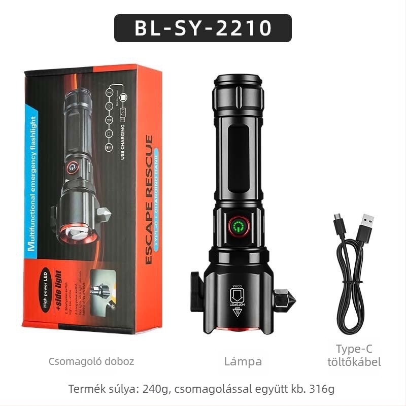 LED zseblámpa vészkijárati kalapáccsal, fehér lézer, 5000mAh akkumulátor, Type-C töltés, COB oldalsó világítás, kettős fényforrás, 500 m+ hatótáv