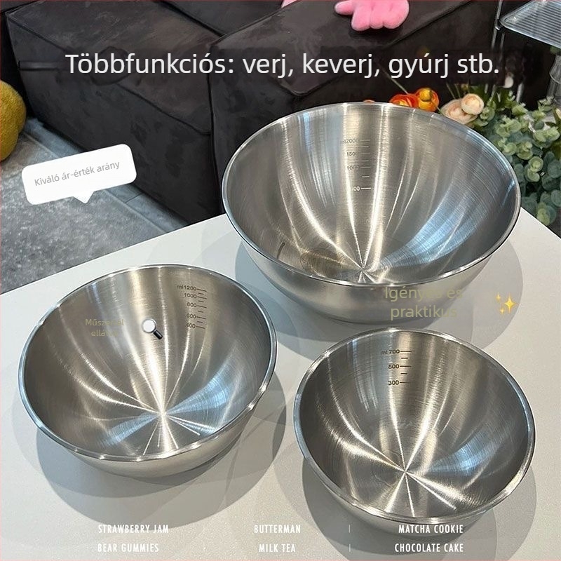 Rozsdamentes acélmedence beépített skálával zöldségek mosására és tészta dagasztására – kör alakú konyhai tál