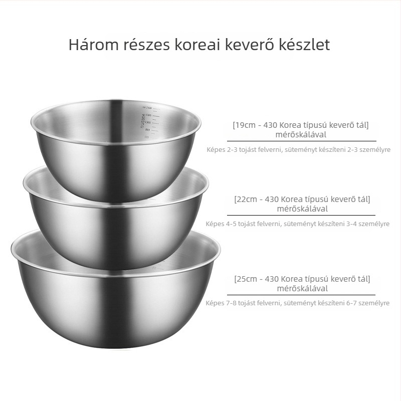Rozsdamentes acélmedence beépített skálával zöldségek mosására és tészta dagasztására – kör alakú konyhai tál