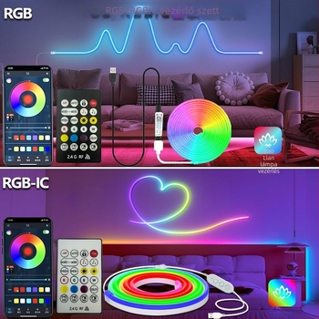 5V neon LED-szalag, 3535 LED-ek, 60/m, szabályozható fényerő, Bluetooth/Wi‑Fi távirányító