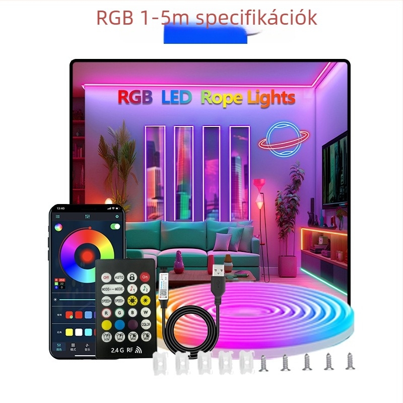 5V neon LED-szalag, 3535 LED-ek, 60/m, szabályozható fényerő, Bluetooth/Wi‑Fi távirányító