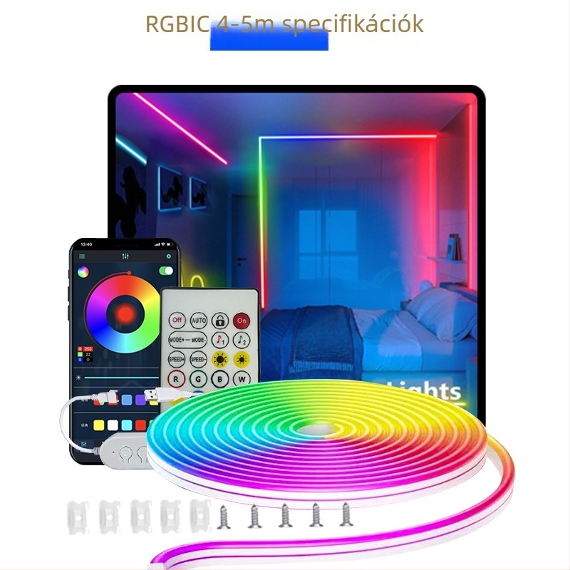 5V neon LED-szalag, 3535 LED-ek, 60/m, szabályozható fényerő, Bluetooth/Wi‑Fi távirányító