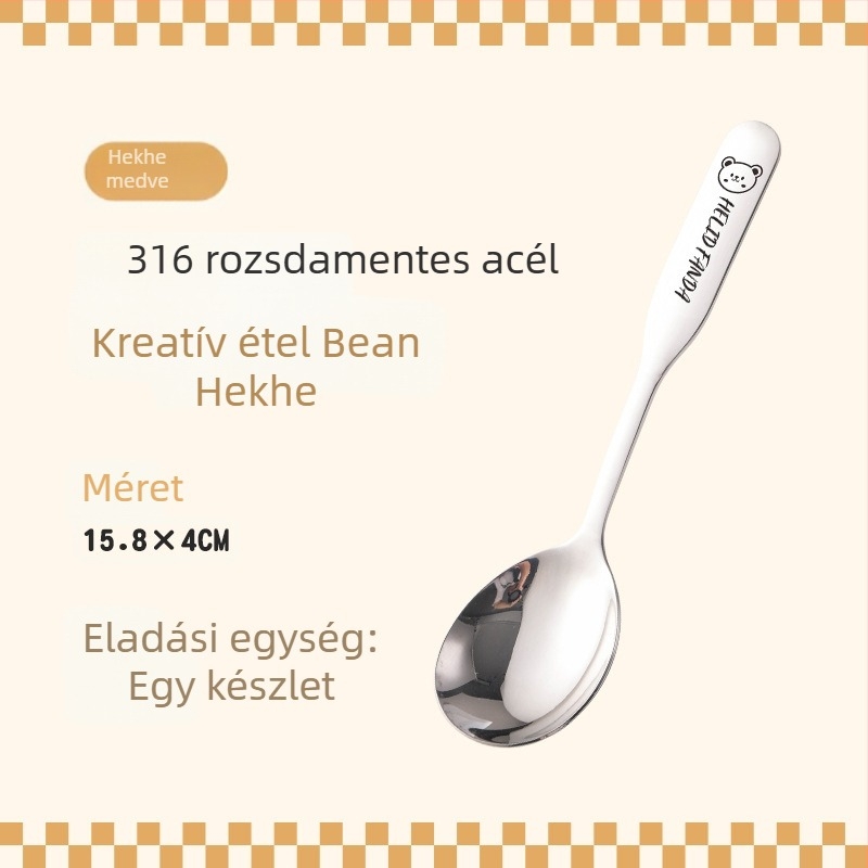 Gyerekeknek szóló kanál medve család mintával, rozsdamentes acél, vastagított dizájn, tükörfényes felület