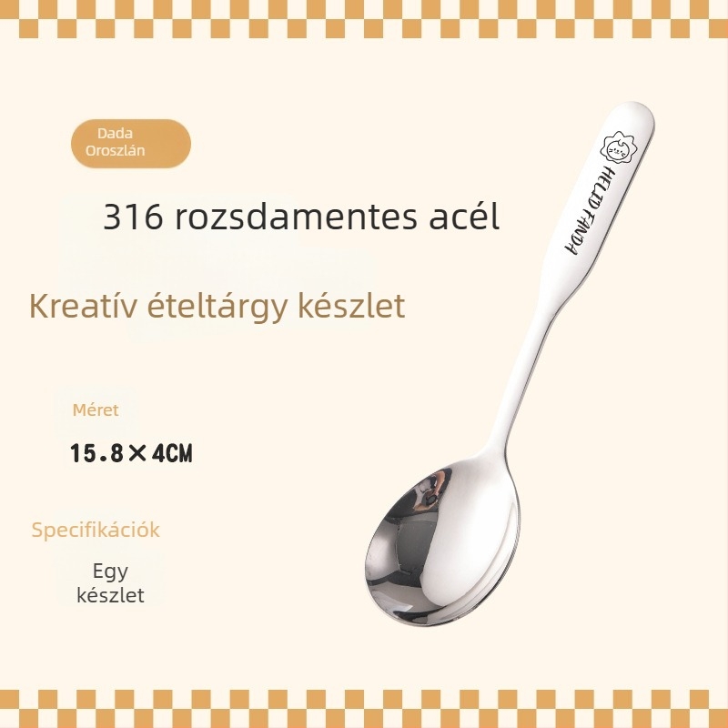 Gyerekeknek szóló kanál medve család mintával, rozsdamentes acél, vastagított dizájn, tükörfényes felület