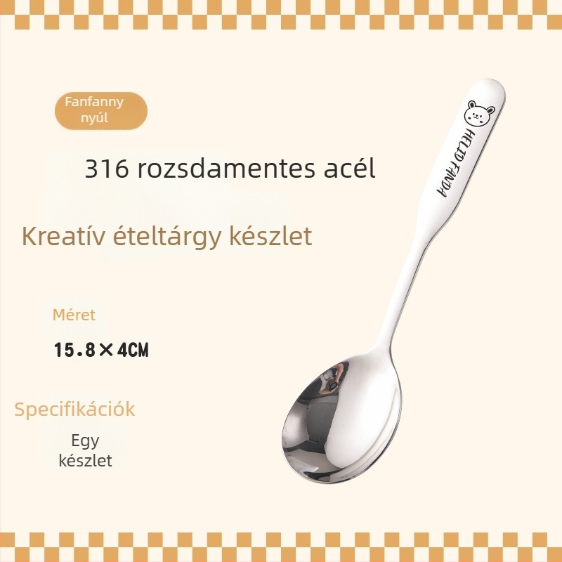 Gyerekeknek szóló kanál medve család mintával, rozsdamentes acél, vastagított dizájn, tükörfényes felület