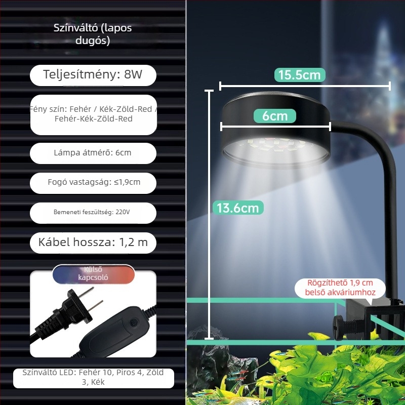 USB‑tápellátású LED akváriumlámpa víz alatti növényekhez, 8W, ABS + fém könyök