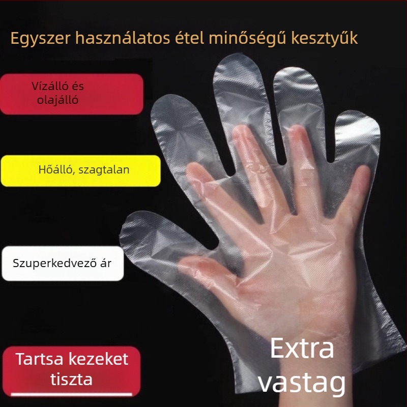 Élelmiszeripari egyszer használatos kesztyűk, átlátszó PE anyagból, olaj- és foltálló, 0,6–1,0 mm vastagság, 100 db