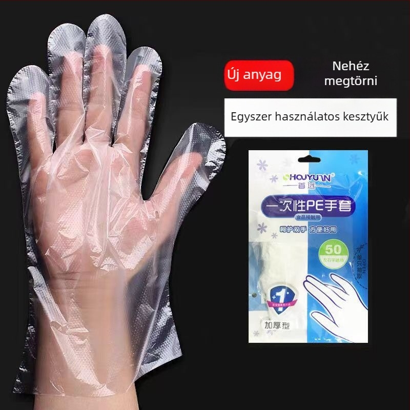 Élelmiszeripari egyszer használatos kesztyűk, átlátszó PE anyagból, olaj- és foltálló, 0,6–1,0 mm vastagság, 100 db