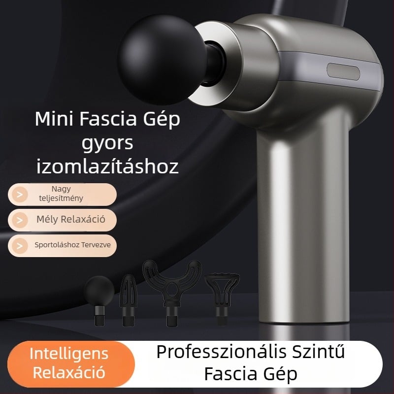 Fascia Gun – Mini masszírozó otthoni használatra, szénkefe nélküli motor, 4 fej, 5+ sebességfokozat, beépített akkumulátor, alacsony zaj