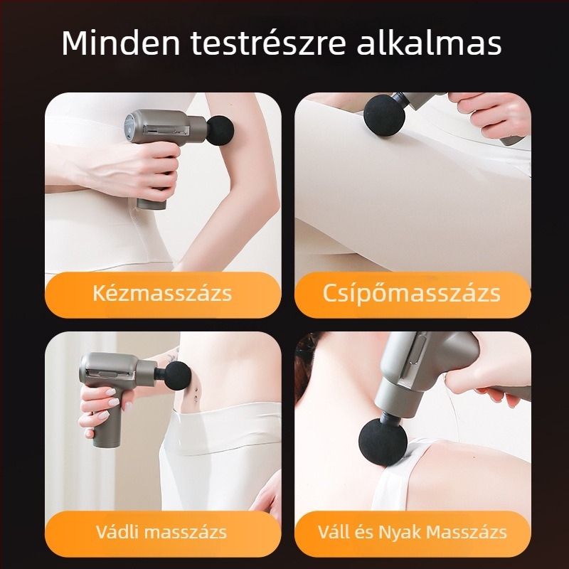 Fascia Gun – Mini masszírozó otthoni használatra, szénkefe nélküli motor, 4 fej, 5+ sebességfokozat, beépített akkumulátor, alacsony zaj