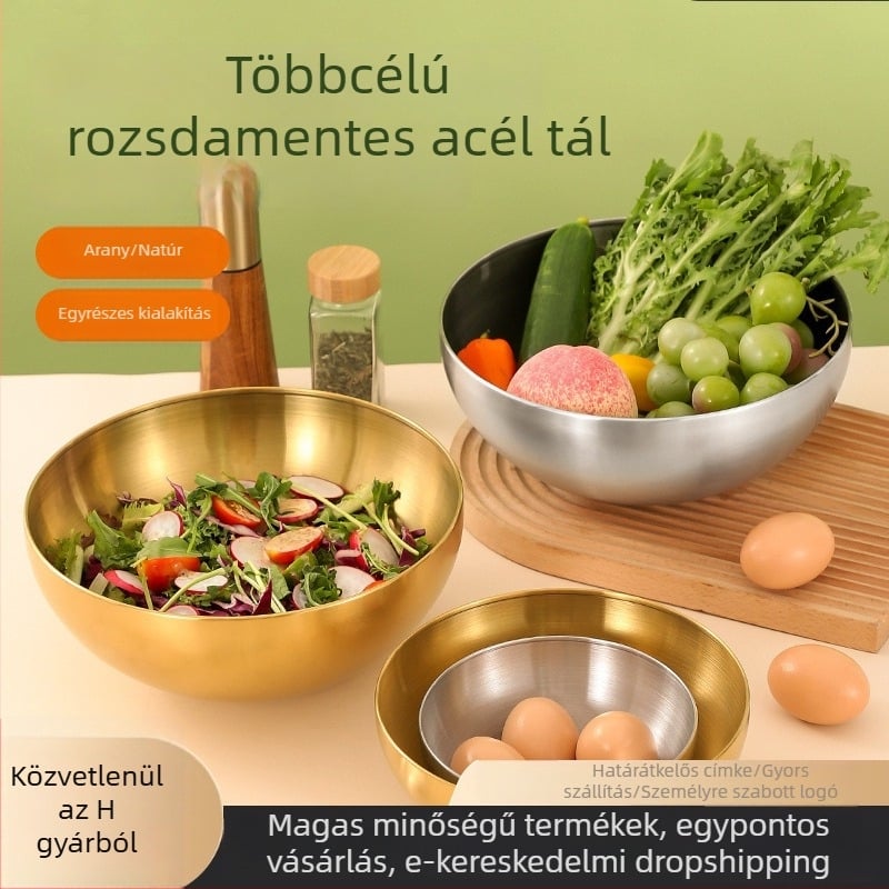 Rozsdamentes acélból készült salátás tál, modern minimál stílus, származás: Chaozhou, Kína