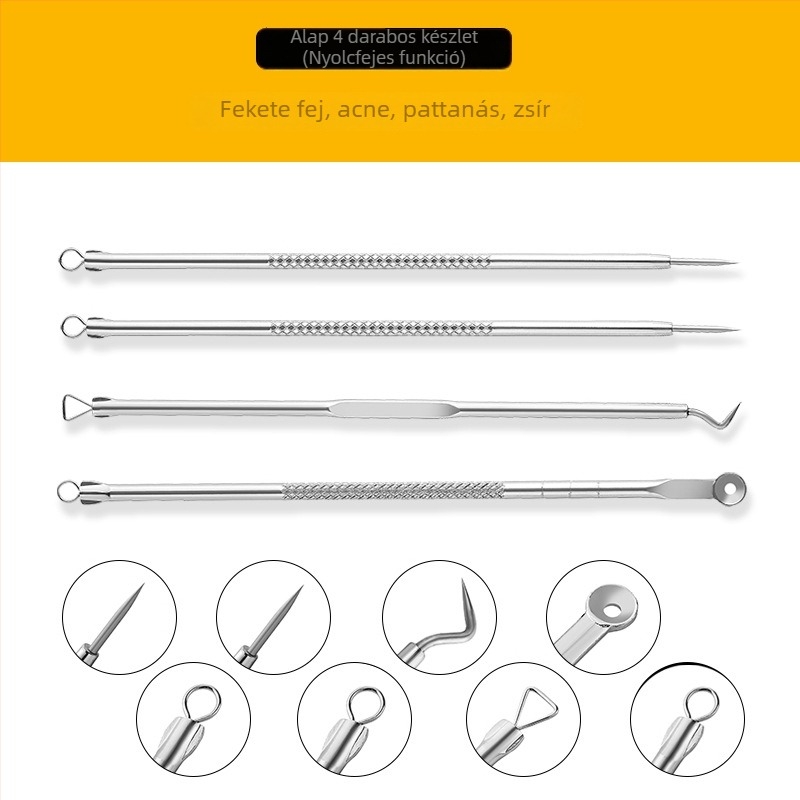 Sandi Yipin mitesszer-tű készlet, 4 darabos, kétoldalas fejjel, rozsdamentes acélból, a mitesszerek eltávolítására, tároló dobozzal