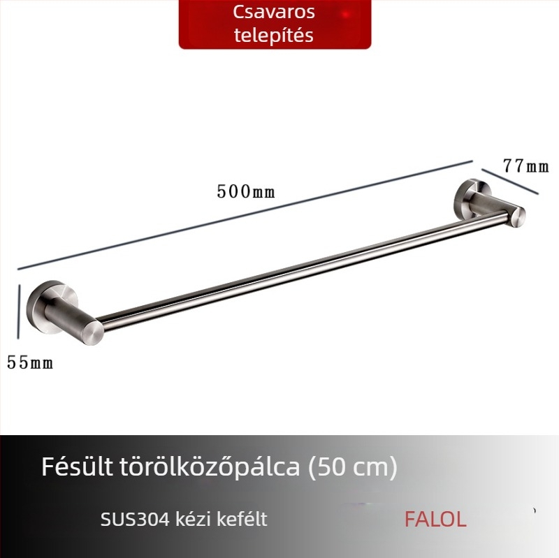 Fali törölközőtartó 304 rozsdamentes acélból, felület: kézzel csiszolt/tükörfényes, teherbírás 20 kg, egyrétegű, modern stílus
