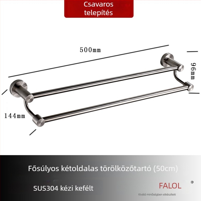 Fali törölközőtartó 304 rozsdamentes acélból, felület: kézzel csiszolt/tükörfényes, teherbírás 20 kg, egyrétegű, modern stílus