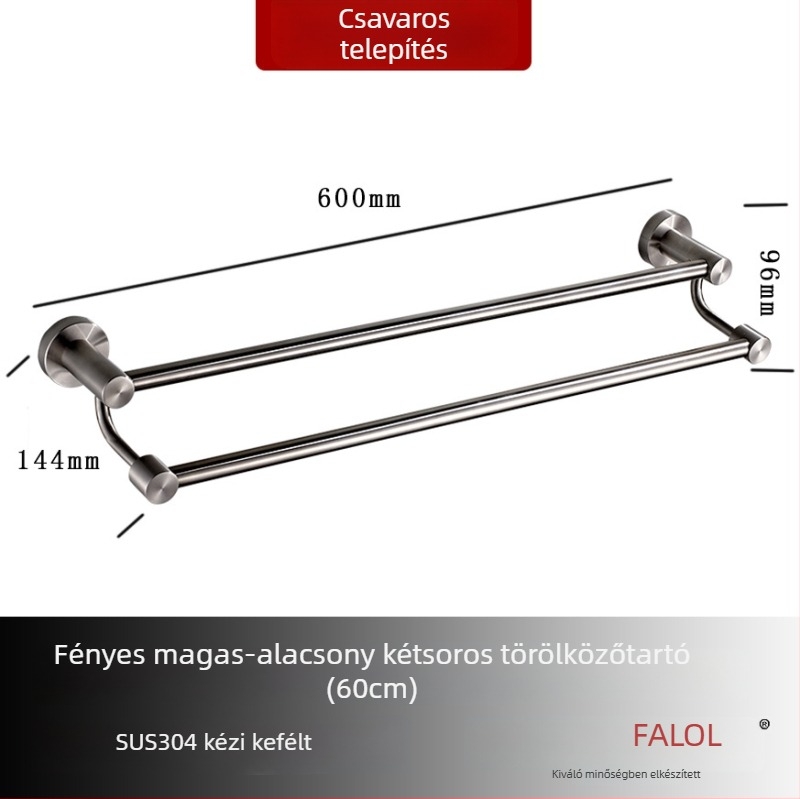 Fali törölközőtartó 304 rozsdamentes acélból, felület: kézzel csiszolt/tükörfényes, teherbírás 20 kg, egyrétegű, modern stílus