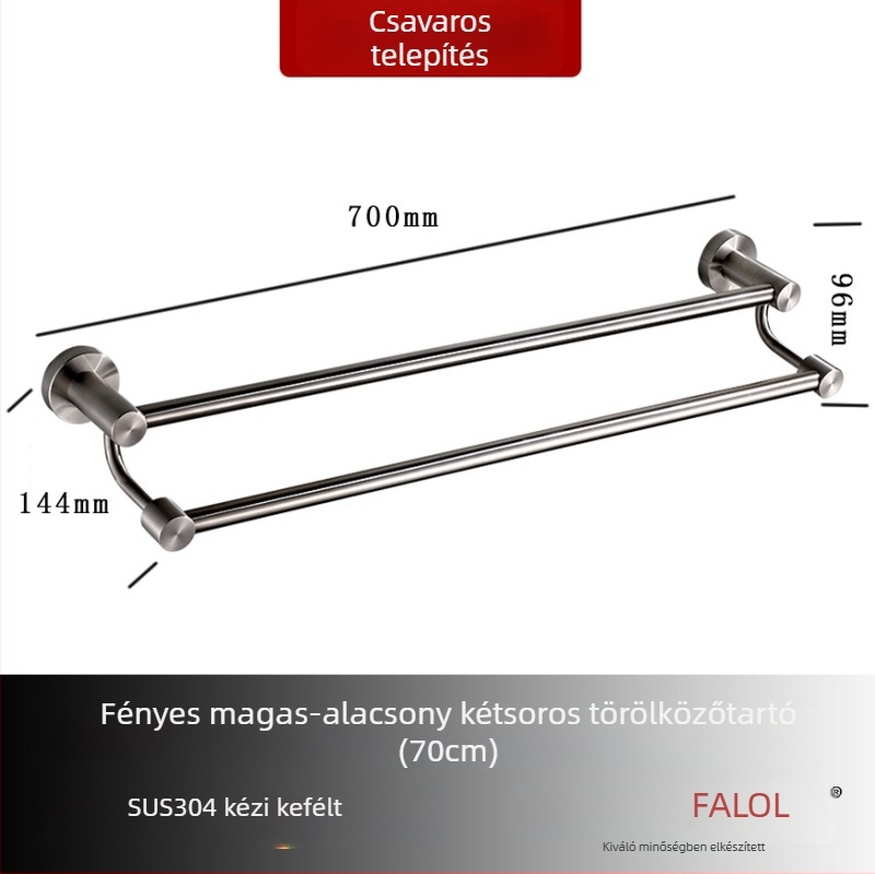 Fali törölközőtartó 304 rozsdamentes acélból, felület: kézzel csiszolt/tükörfényes, teherbírás 20 kg, egyrétegű, modern stílus