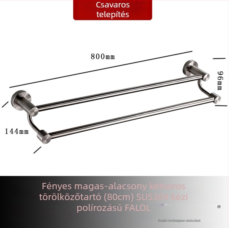 Fali törölközőtartó 304 rozsdamentes acélból, felület: kézzel csiszolt/tükörfényes, teherbírás 20 kg, egyrétegű, modern stílus