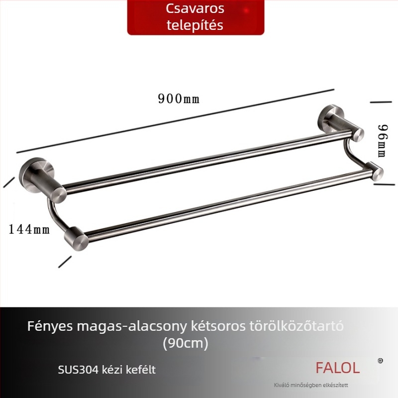 Fali törölközőtartó 304 rozsdamentes acélból, felület: kézzel csiszolt/tükörfényes, teherbírás 20 kg, egyrétegű, modern stílus