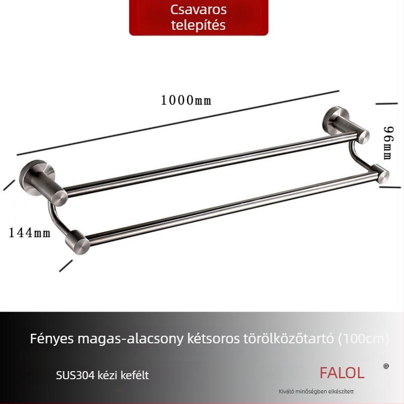 Fali törölközőtartó 304 rozsdamentes acélból, felület: kézzel csiszolt/tükörfényes, teherbírás 20 kg, egyrétegű, modern stílus