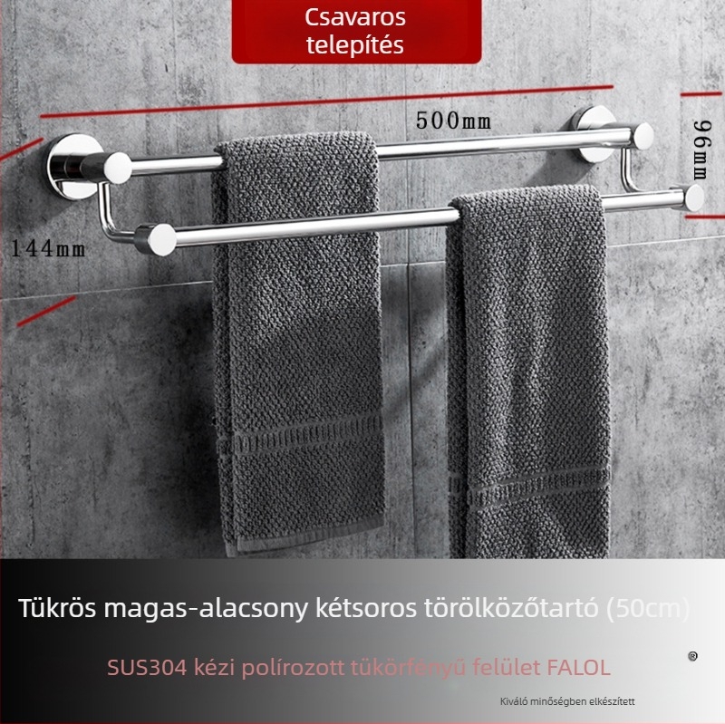 Fali törölközőtartó 304 rozsdamentes acélból, felület: kézzel csiszolt/tükörfényes, teherbírás 20 kg, egyrétegű, modern stílus