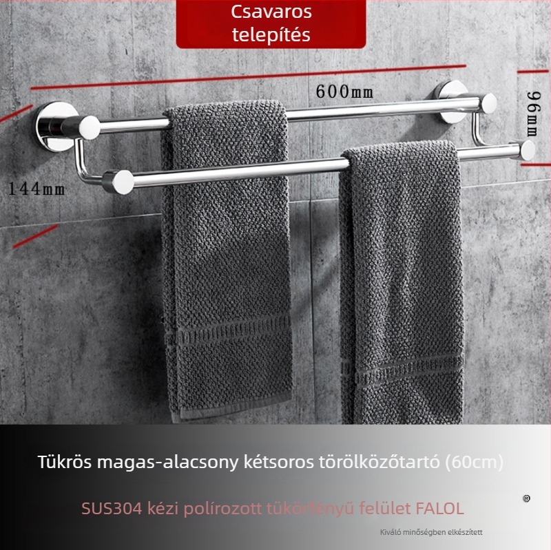 Fali törölközőtartó 304 rozsdamentes acélból, felület: kézzel csiszolt/tükörfényes, teherbírás 20 kg, egyrétegű, modern stílus