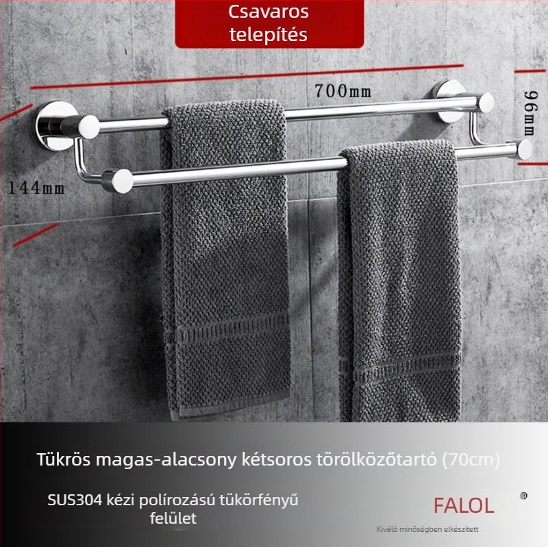 Fali törölközőtartó 304 rozsdamentes acélból, felület: kézzel csiszolt/tükörfényes, teherbírás 20 kg, egyrétegű, modern stílus