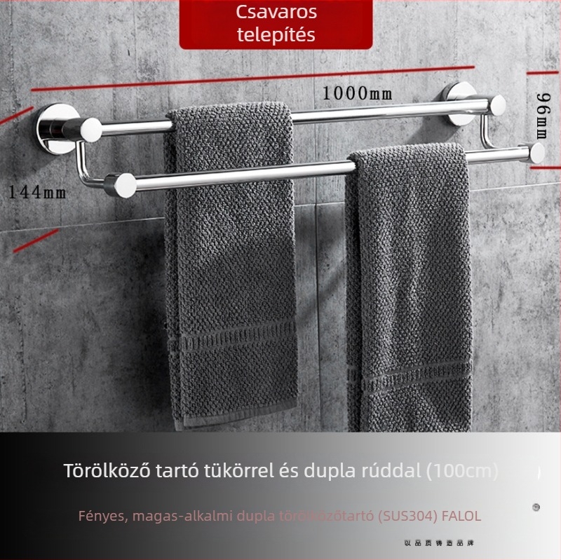 Fali törölközőtartó 304 rozsdamentes acélból, felület: kézzel csiszolt/tükörfényes, teherbírás 20 kg, egyrétegű, modern stílus