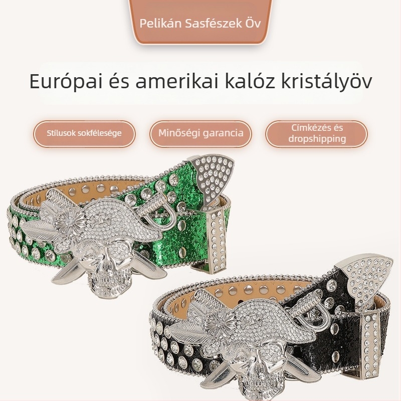 Rhinestone punköv – PU bőr, ötvözet csat, tűcsattal záródó, szélesség 2–4 cm, elektroplátolás