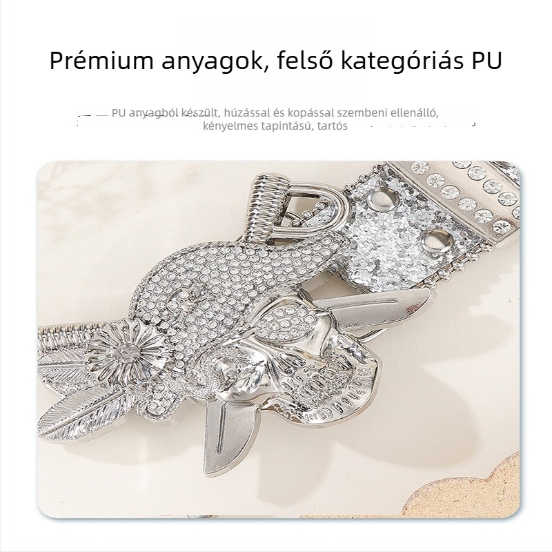 Rhinestone punköv – PU bőr, ötvözet csat, tűcsattal záródó, szélesség 2–4 cm, elektroplátolás