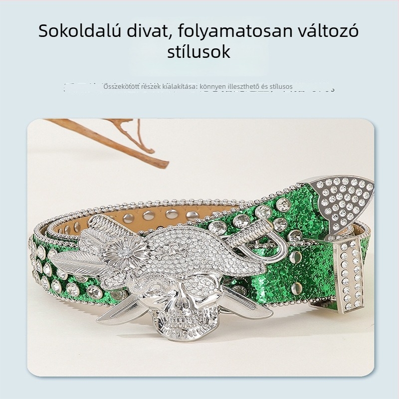 Rhinestone punköv – PU bőr, ötvözet csat, tűcsattal záródó, szélesség 2–4 cm, elektroplátolás