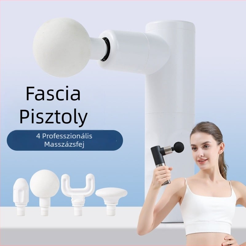 Mini hordozható fascia-gun masszírozó, 4 fej, kefemotor, beépített 1200–2000 mAh akkumulátor, zaj < 36 dB