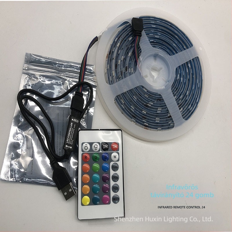 TV hátfény LED-szalag RGB 5050, 30 LED, 5V bemenet, 8W/m, távirányítós dimmelés