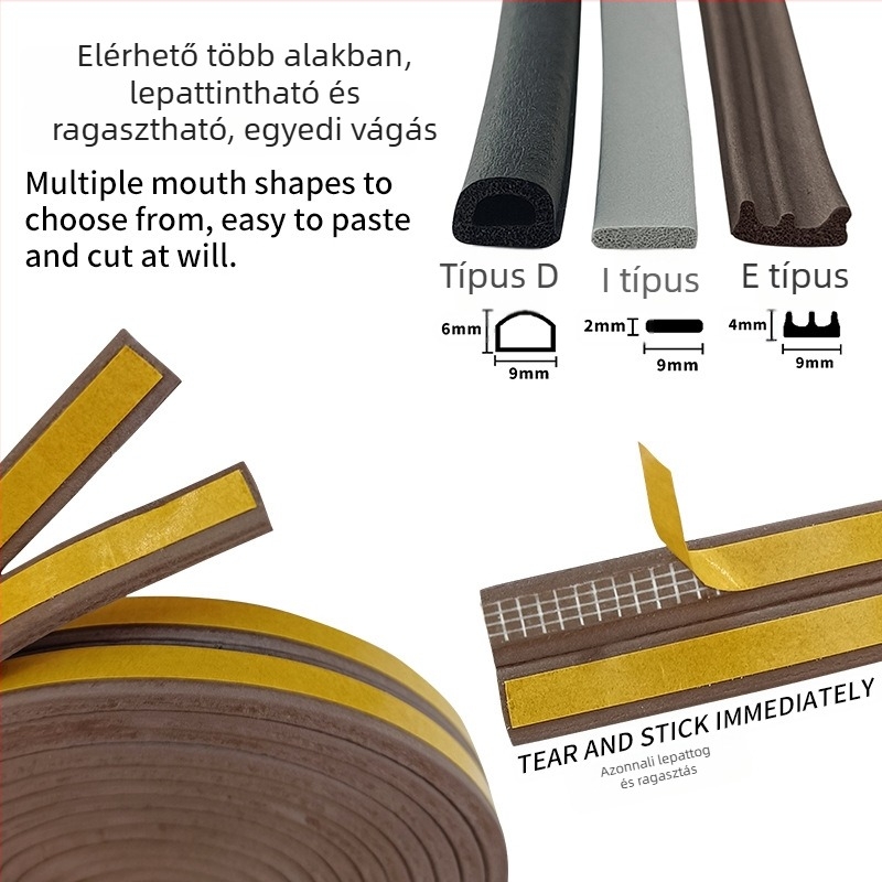 EPDM ajtó- és ablaknyílás tömítő szalag - D típus, öntapadós hátlappal, kopásálló, hangszigetelő