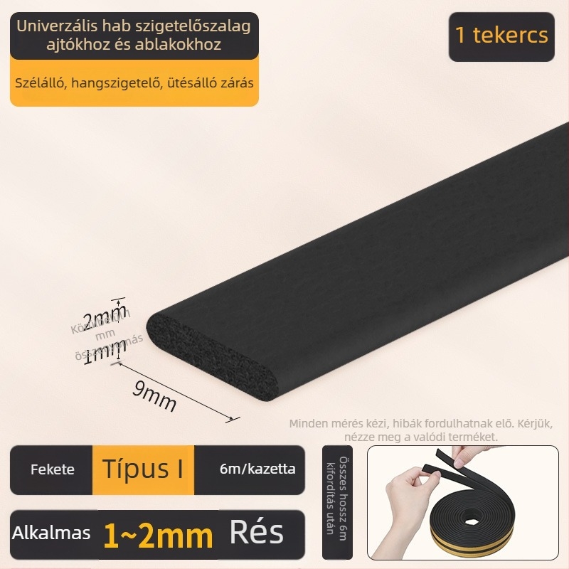 EPDM ajtó- és ablaknyílás tömítő szalag - D típus, öntapadós hátlappal, kopásálló, hangszigetelő