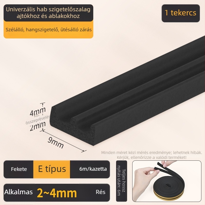 EPDM ajtó- és ablaknyílás tömítő szalag - D típus, öntapadós hátlappal, kopásálló, hangszigetelő