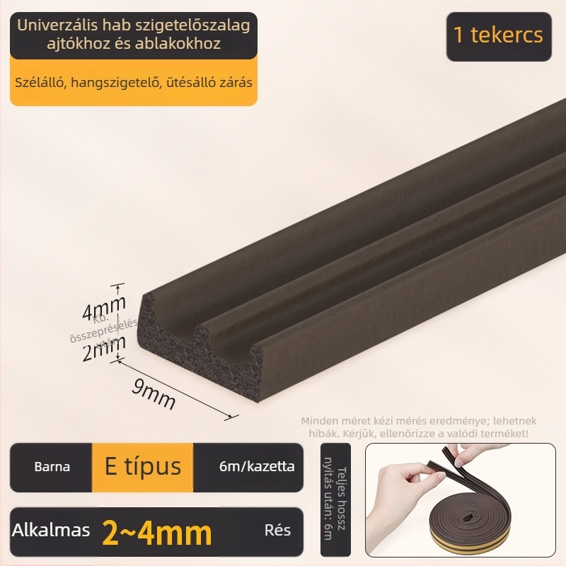EPDM ajtó- és ablaknyílás tömítő szalag - D típus, öntapadós hátlappal, kopásálló, hangszigetelő