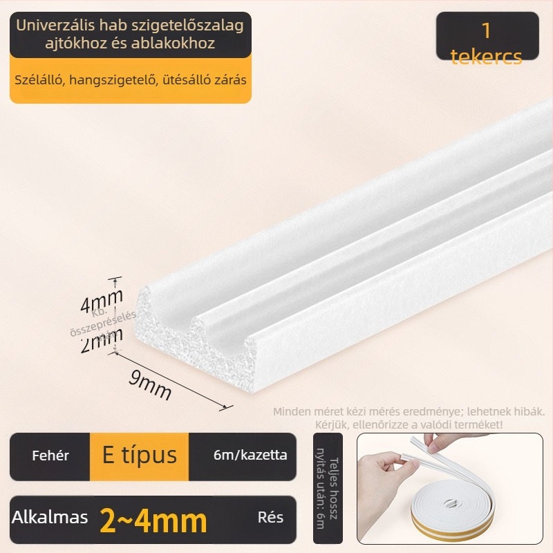 EPDM ajtó- és ablaknyílás tömítő szalag - D típus, öntapadós hátlappal, kopásálló, hangszigetelő