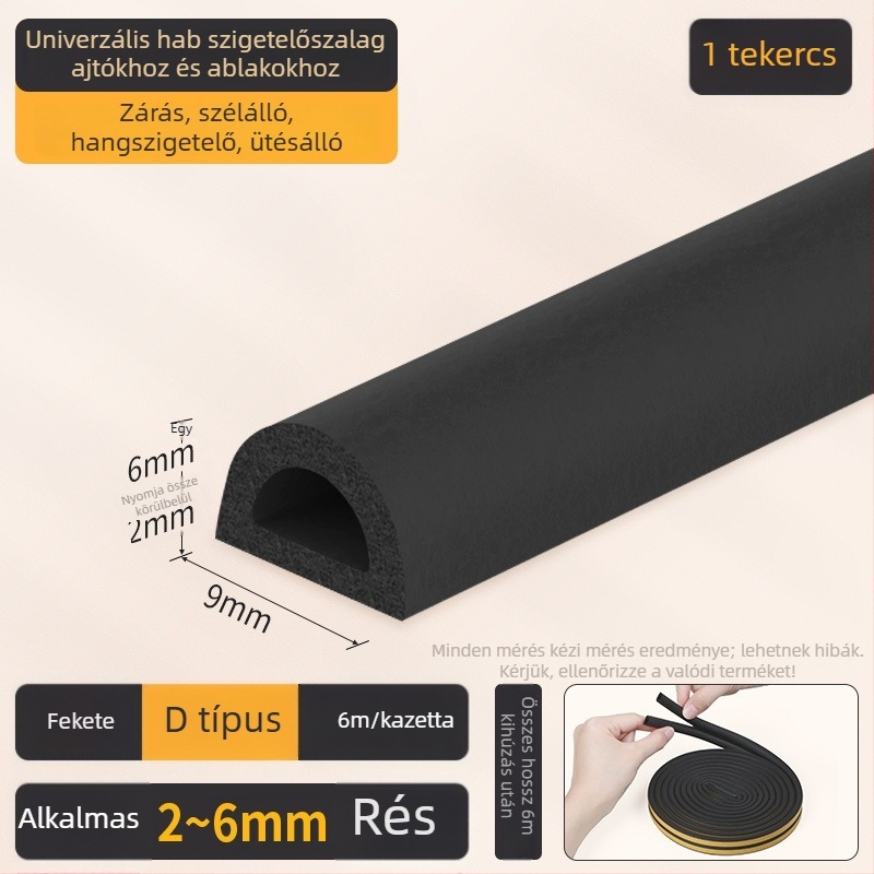 EPDM ajtó- és ablaknyílás tömítő szalag - D típus, öntapadós hátlappal, kopásálló, hangszigetelő