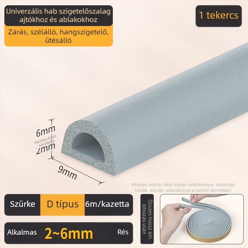 EPDM ajtó- és ablaknyílás tömítő szalag - D típus, öntapadós hátlappal, kopásálló, hangszigetelő