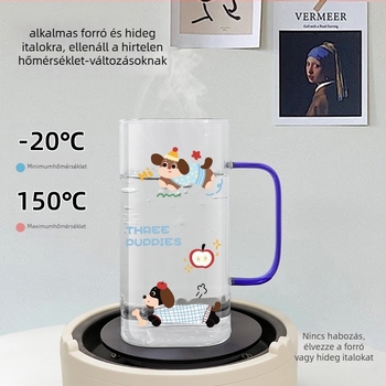Vízivó pohár boroszilikát üvegből, négyszögletes alakú, fogantyúval, hőálló, szivárgásmentes