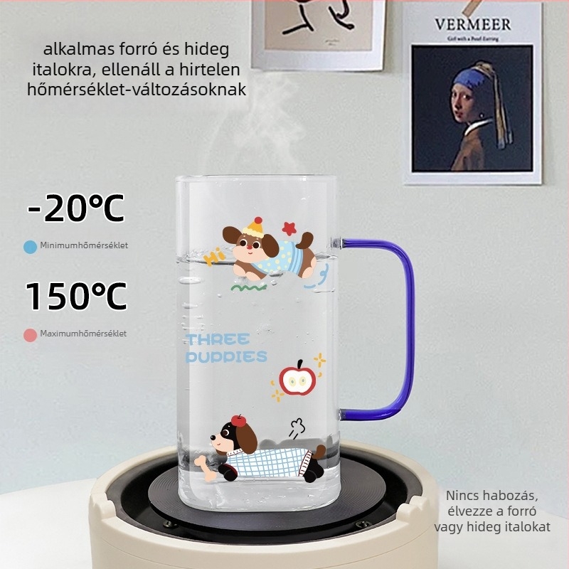 Vízivó pohár boroszilikát üvegből, négyszögletes alakú, fogantyúval, hőálló, szivárgásmentes