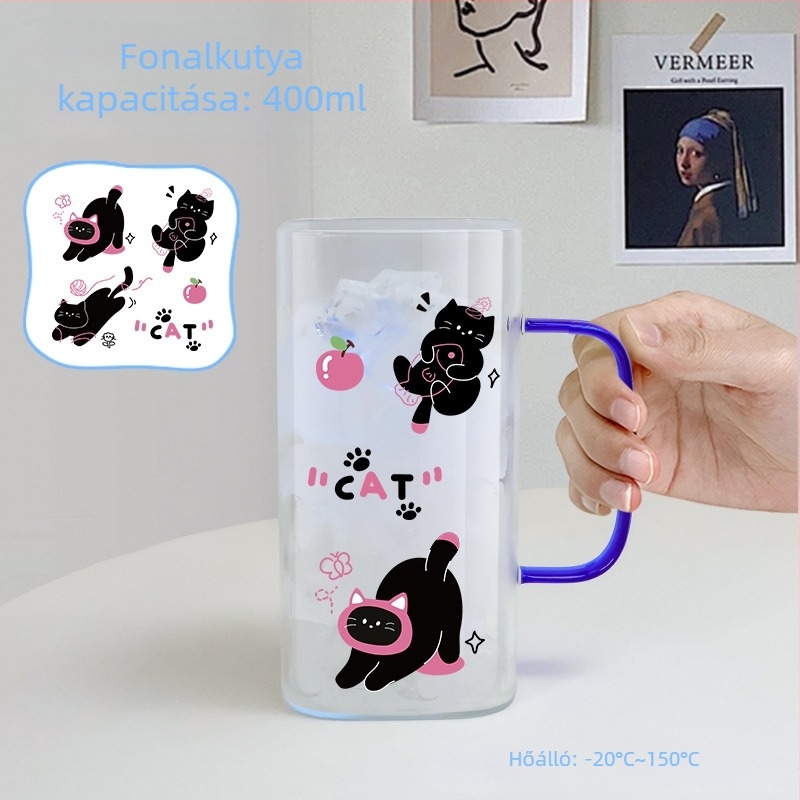 Vízivó pohár boroszilikát üvegből, négyszögletes alakú, fogantyúval, hőálló, szivárgásmentes