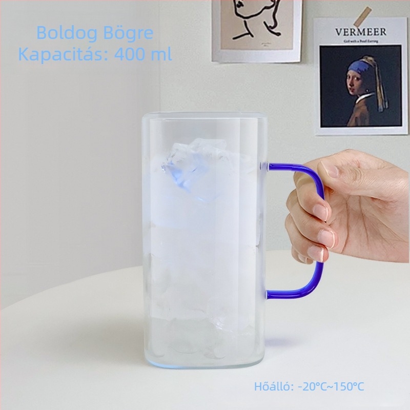 Vízivó pohár boroszilikát üvegből, négyszögletes alakú, fogantyúval, hőálló, szivárgásmentes
