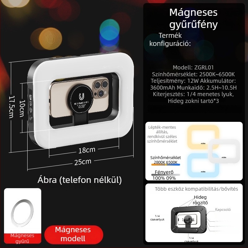 M-200rgb LED töltőfény — kézben tartható, beépített akkumulátor, 10–50W, 5V