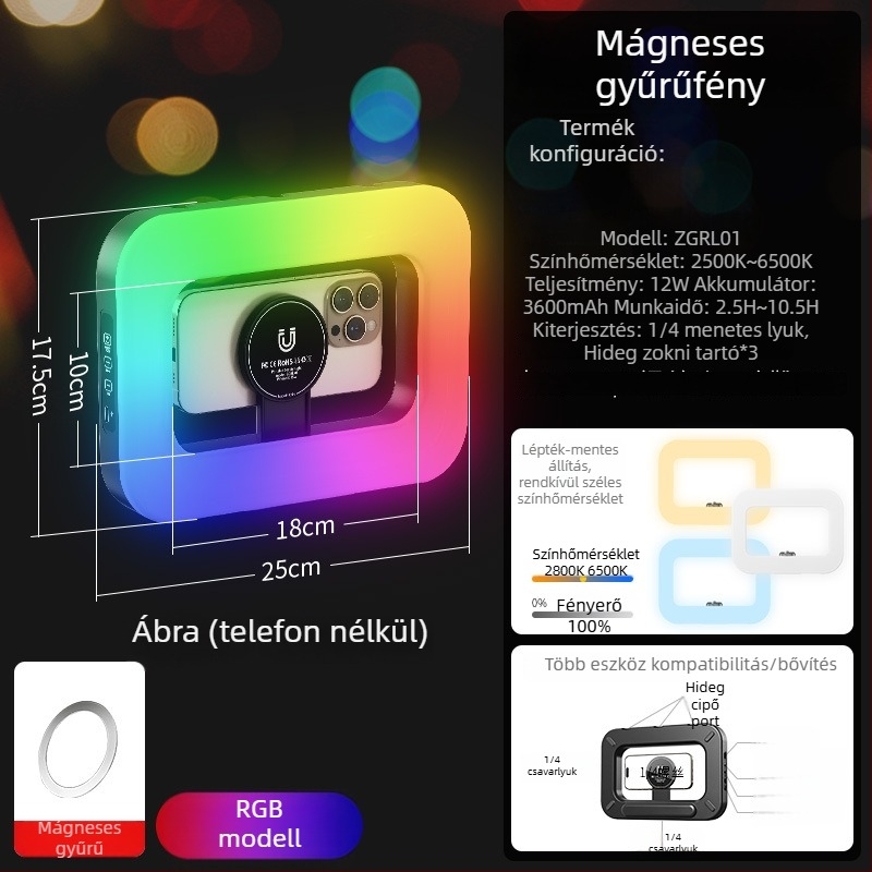 M-200rgb LED töltőfény — kézben tartható, beépített akkumulátor, 10–50W, 5V