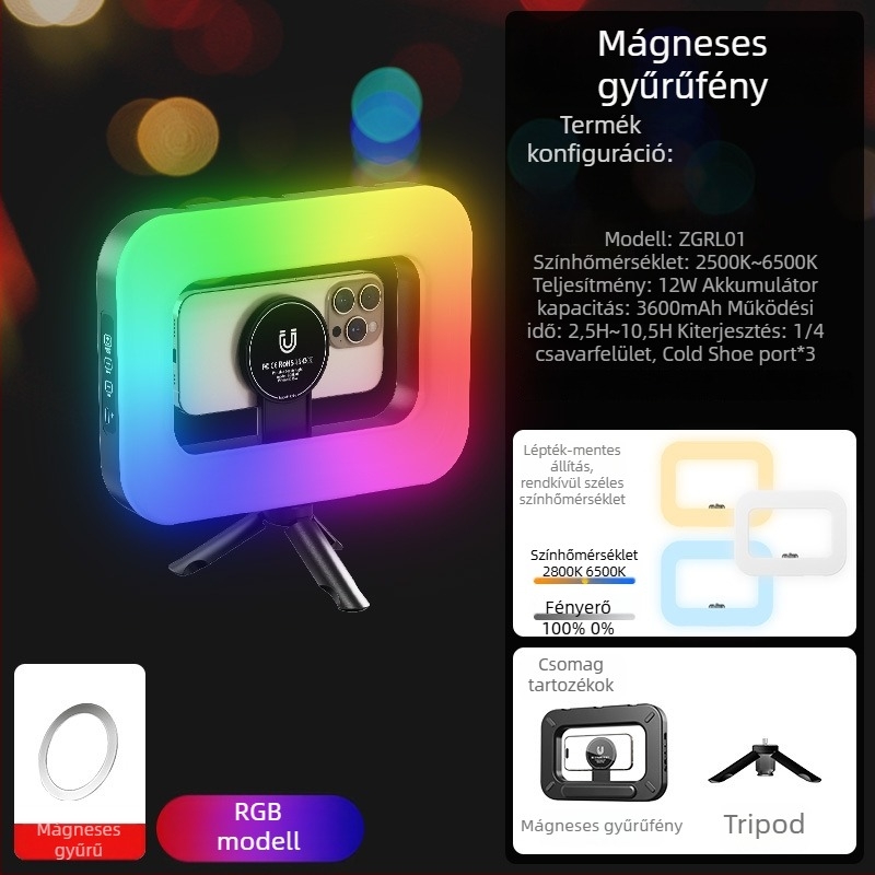 M-200rgb LED töltőfény — kézben tartható, beépített akkumulátor, 10–50W, 5V